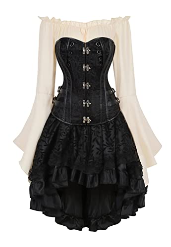 Grebrafan Gothic Leder Corsage mit Tüll Rock und Piraten Bluse Retro Karneval Korsett Kostüm (EUR(32-34) S, Schwarz) von Grebrafan