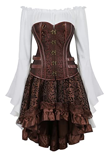 Grebrafan Gothic Leder Corsage mit Tüll Rock und Piraten Bluse Retro Karneval Korsett Kostüm (EUR(42-44) 3XL, Braun) von Grebrafan