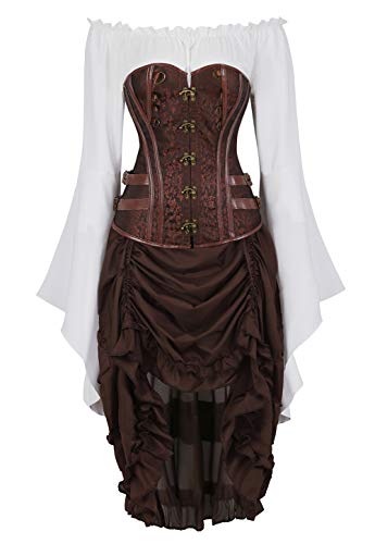 Grebrafan Karneval Corsage mit Pirat Rock und Bluse Steampunk Korsett Kostüm Costume (EUR(46-48) 5XL, Braun) von Grebrafan