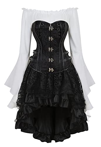 Grebrafan Karneval Corsage mit Tüll Rock und Piraten Bluse Steampunk Korsett Kostüm (EUR(30-32) XS, Schwarz) von Grebrafan