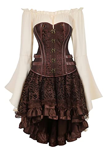 Grebrafan Karneval Corsage mit Tüll Rock und Piraten Bluse Steampunk Korsett Kostüm (EUR(38-40) XL, Braun) von Grebrafan