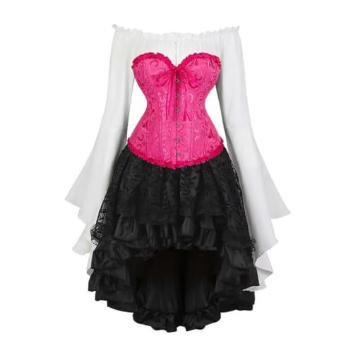 Grebrafan Korsage Corsage Faschings Kostüm Damen Korsett Bluse Gothic Rock Set (EUR(34-36) M, Rosarot) von Grebrafan