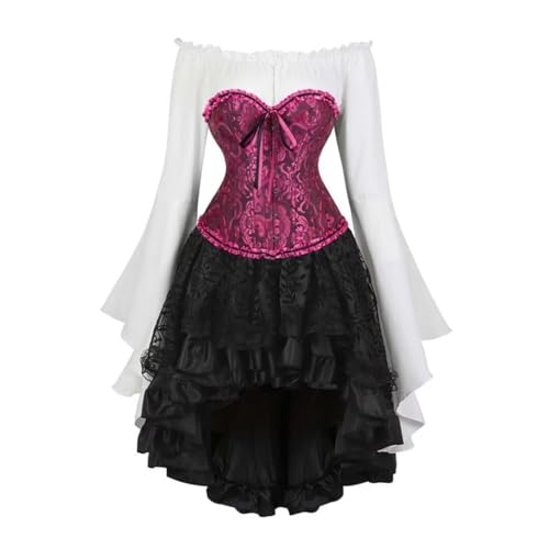 Grebrafan Korsage Corsage Faschings Kostüm Damen Korsett Bluse Gothic Rock Set (EUR(40-42) 2XL, Schwarz Rosarot) von Grebrafan