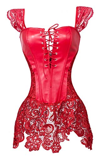 Grebrafan Leder Corsage Korsagenkleid Spitze Kurvenreiche Figur Shape Große Größen (EUR(34-36) M, Rot) von Grebrafan