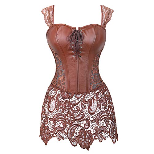 Grebrafan Leder Corsage Korsagenkleid Spitze Design Kurvenreiche Figur Shape Corset Große Größen (EUR(50-52) 7XL, Braun) von Grebrafan