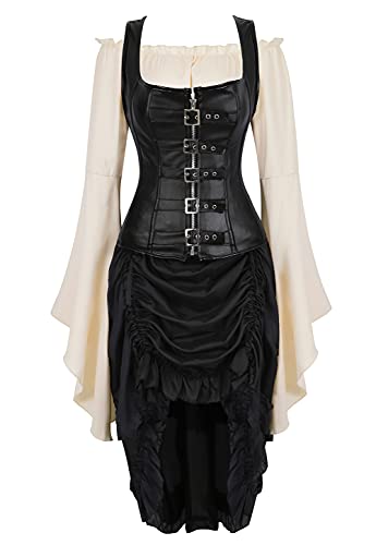 Grebrafan Leder Corsage mit Pirat Rock und Bluse Steampunk Korsett Kostüm (EUR(42-44) 3XL, Schwarz) von Grebrafan