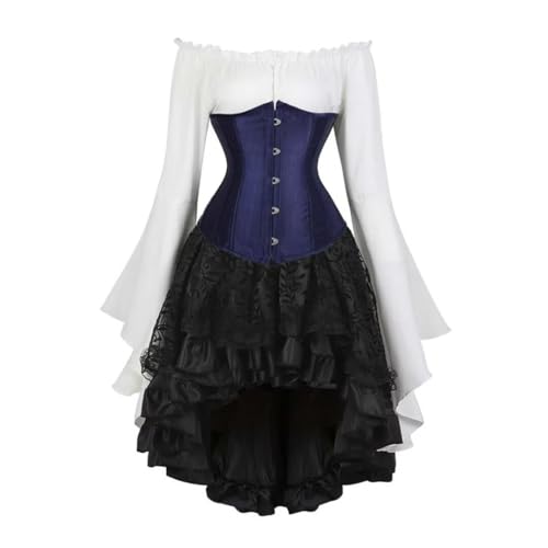 Grebrafan Satin Corsage Unterbrust Piratin Kostüm Korsett Bluse Gothic Rock Set (EUR(32-34) S, Navy Blau) von Grebrafan