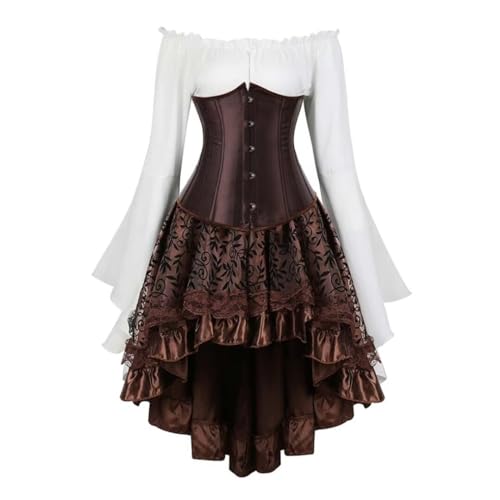 Grebrafan Satin Corsage Unterbrust Piratin Kostüm Korsett Bluse Gothic Rock Set (EUR(40-42) 2XL, Braun) von Grebrafan