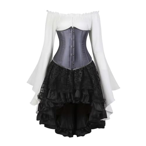 Grebrafan Satin Corsage Unterbrust Piratin Kostüm Korsett Bluse Gothic Rock Set (EUR(46-48) 5XL, Grau) von Grebrafan
