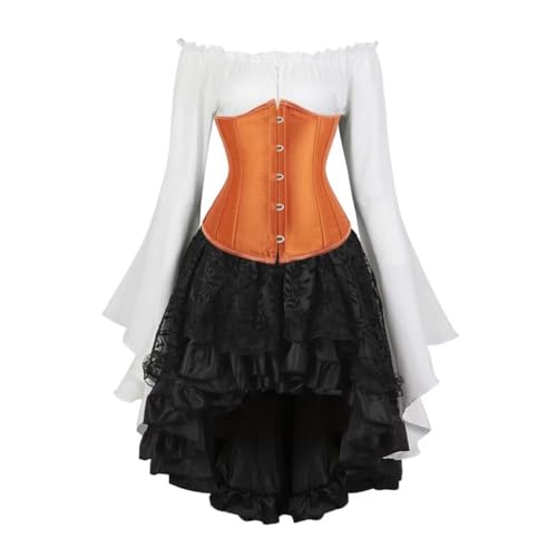 Grebrafan Satin Corsage Unterbrust Piratin Kostüm Korsett Bluse Gothic Rock Set (EUR(48-50) 6XL, Orange) von Grebrafan
