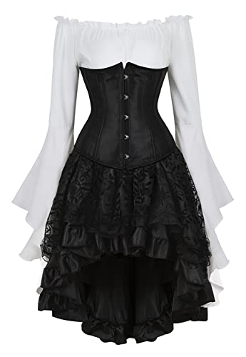 Grebrafan Satin Corsage Unterbrust Piratin Kostüm Korsett Bluse Gothic Rock Set (EUR(50-52) 7XL, Schwarz) von Grebrafan