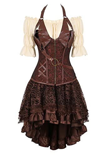 Grebrafan Steampunk Corsage Halloween Kostüm Karneval Leder Korsett mit Piraten Rock und Bluse (EUR(32-34) S, Schwarz) von Grebrafan