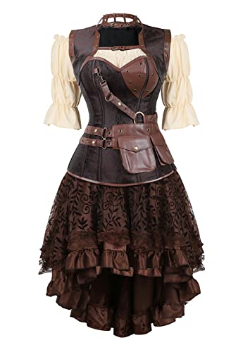 Grebrafan Steampunk Corsage Halloween Kostüm Karneval Retro Korsett mit Piraten Rock und Bluse (EUR(40-42) 2XL, Braun) von Grebrafan