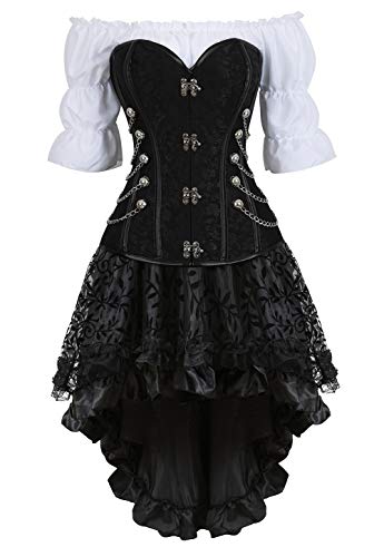 Grebrafan Steampunk Corsage Halloween Kostüm Karneval Taillen Korsett mit Piraten Rock und Bluse (EUR(32-34) S, Schwarz) von Grebrafan