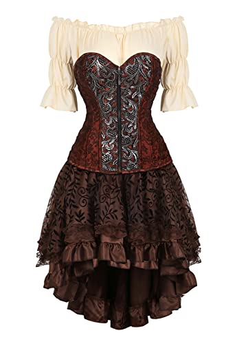 Grebrafan Steampunk Corsage Jacquard Kostüm Karneval Korsett mit Piraten Rock und Bluse (EUR(40-42) 2XL, Braun 7) von Grebrafan