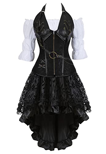 Grebrafan Steampunk Corsage Kostüm Karneval Halloween Leder Korsett mit Piraten Rock und Bluse (EUR(32-34) S, Schwarz) von Grebrafan