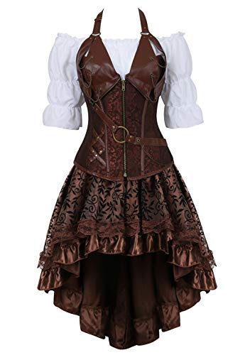 Grebrafan Steampunk Corsage Kostüm Karneval Halloween Leder Korsett mit Piraten Rock und Bluse (EUR(36-38) L, Braun) von Grebrafan