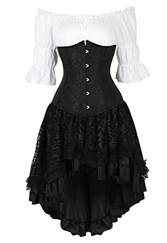 Grebrafan Steampunk Corsage Kostüm Karneval Jacquard Unterbrust Korsett mit Piraten Rock und Bluse (EUR(32-34) S, Schwarz) von Grebrafan