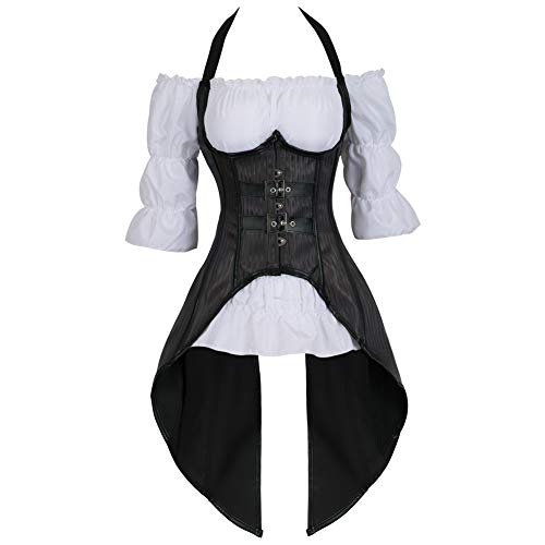 Grebrafan Steampunk Corsage Kostüm Karneval Korsett mit Piraten Bluse (EUR(30-32) XS, Schwarz) von Grebrafan