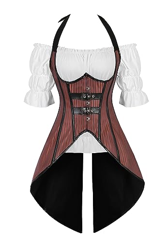 Grebrafan Steampunk Corsage Kostüm Karneval Korsett mit Piraten Bluse (EUR(36-38) L, Braun) von Grebrafan