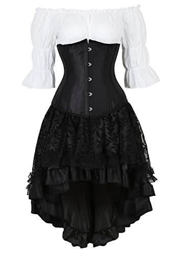 Grebrafan Steampunk Corsage Kostüm Karneval Satin Unterbrust Korsett mit Piraten Rock und Bluse (EUR(36-38) L, Schwarz) von Grebrafan