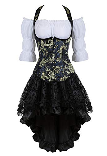 Grebrafan Steampunk Corsage Kostüm Karneval Strapse Korsett mit Piraten Rock und Bluse (EUR(32-34) S, Blau) von Grebrafan