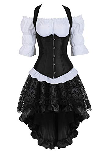 Grebrafan Steampunk Corsage Kostüm Karneval Unterbrust Korsett mit Piraten Rock und Bluse (EUR(32-34) S, Schwarz) von Grebrafan