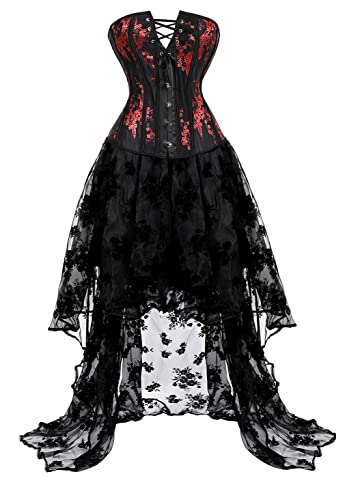 Grebrafan Steampunk Corsage Langrock Spitze Cocktail Party Hochzeit Korsett Kostüm (EUR(48-50) 6XL, Schwarz) von Grebrafan