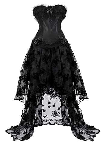 Grebrafan Steampunk Corsage Langrock Spitze Cocktail Party Reißverschluss Korsett Kostüm (EUR(40-42) 2XL, Schwarz) von Grebrafan