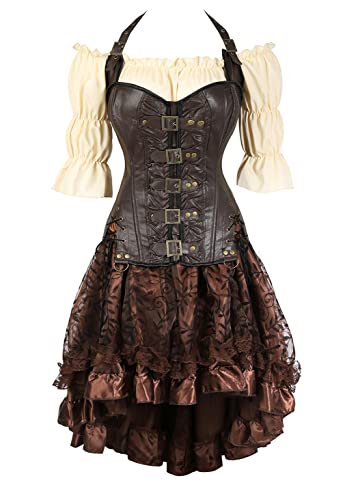 Grebrafan Steampunk Corsage Leder Halloween Kostüm Karneval Damen Korsett mit Piraten Rock und Bluse (EUR(30-32) XS, Braun) von Grebrafan