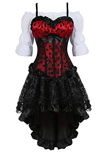 Grebrafan Steampunk Corsage Party Kostüm Karneval Braut Korsett mit Piraten Rock und Bluse (EUR(34-36) M, Rot) von Grebrafan