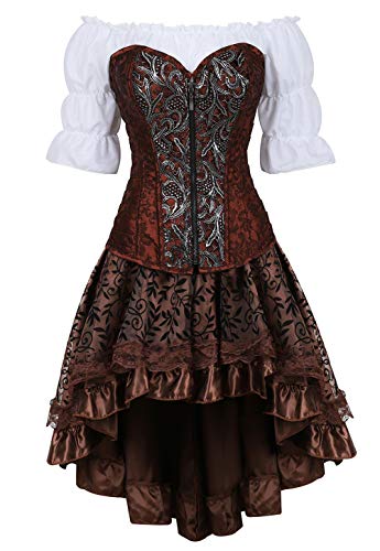 Grebrafan Steampunk Corsage Party Kostüm Karneval Jacquard Korsett mit Piraten Rock und Bluse (EUR(38-40) XL, Braun 7) von Grebrafan