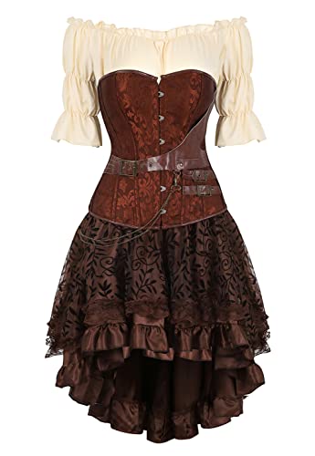 Grebrafan Steampunk Corsage Party Kostüm Karneval Korsett mit Piraten Rock und Bluse (EUR(32-34) S, Braun 5) von Grebrafan