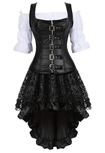 Grebrafan Steampunk Corsage Party Kostüm Karneval Leder Korsett mit Piraten Rock und Bluse (EUR(34-36) M, Schwarz) von Grebrafan