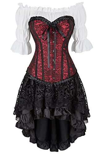 Grebrafan Steampunk Corsage Party Kostüm Karneval Renaissance Korsett mit Piraten Rock und Bluse (EUR(32-34) S, Rot) von Grebrafan