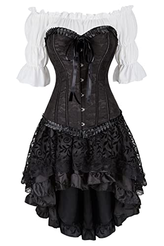 Grebrafan Steampunk Corsage Party Kostüm Karneval Renaissance Korsett mit Piraten Rock und Bluse (EUR(32-34) S, Schwarz) von Grebrafan