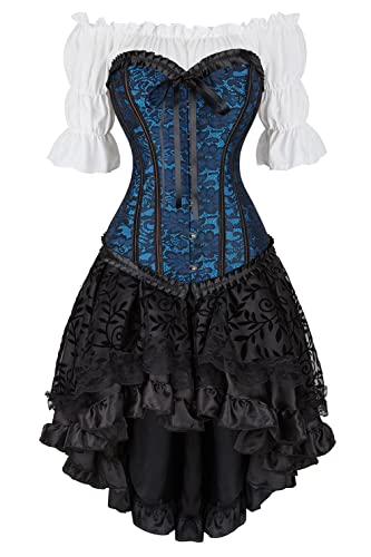 Grebrafan Steampunk Corsage Party Kostüm Karneval Renaissance Korsett mit Piraten Rock und Bluse (EUR(34-36) M, Blau) von Grebrafan