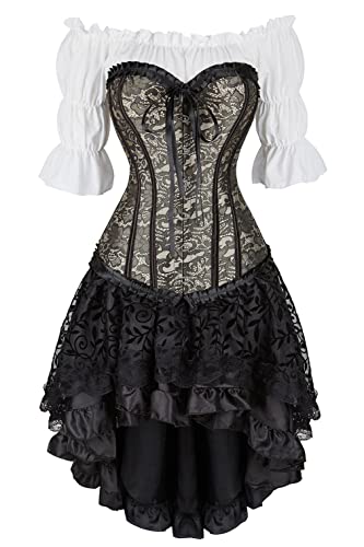 Grebrafan Steampunk Corsage Party Kostüm Karneval Renaissance Korsett mit Piraten Rock und Bluse (EUR(34-36) M, beige) von Grebrafan