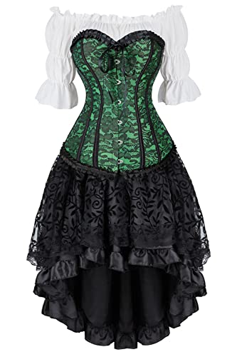 Grebrafan Steampunk Corsage Party Kostüm Karneval Renaissance Korsett mit Piraten Rock und Bluse (EUR(36-38) L, Grün) von Grebrafan