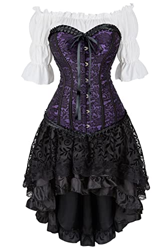 Grebrafan Steampunk Corsage Party Kostüm Karneval Renaissance Korsett mit Piraten Rock und Bluse (EUR(42-44) 3XL, Lila) von Grebrafan