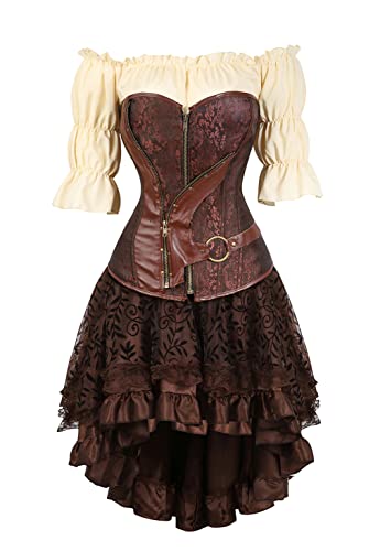 Grebrafan Steampunk Corsage Party Kostüm Karneval Retro Korsett mit Piraten Rock und Bluse (EUR(40-42) 2XL, Braun 6) von Grebrafan