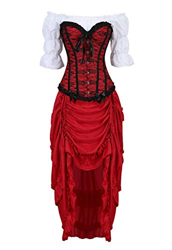 Grebrafan Steampunk Corsage Party Kostüm Karneval Spitze Korsett mit Piraten Rock und Bluse (EUR(46-48) 5XL, Rot) von Grebrafan