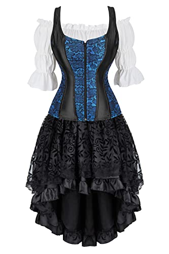 Grebrafan Steampunk Corsage Party Kostüm Karneval Strapse Korsett mit Piraten Rock und Bluse (EUR(40-42) 2XL, Blau) von Grebrafan