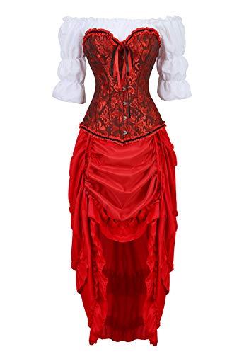 Grebrafan Steampunk Corsage Party Kostüm Karneval Vollbrust Korsett mit Piraten Rock und Bluse (EUR(36-38) L, Rot) von Grebrafan