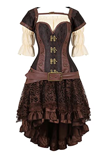 Grebrafan Steampunk Corsage Retro Halloween Kostüm Karneval Damen Korsett mit Piraten Rock und Bluse (EUR(40-42) 2XL, Braun) von Grebrafan