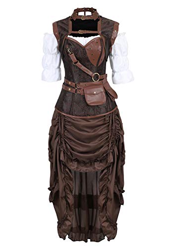 Grebrafan Steampunk Corsage Retro Halloween Kostüm Karneval Korsett mit Piraten Rock und Bluse (EUR(36-38) L, Braun) von Grebrafan