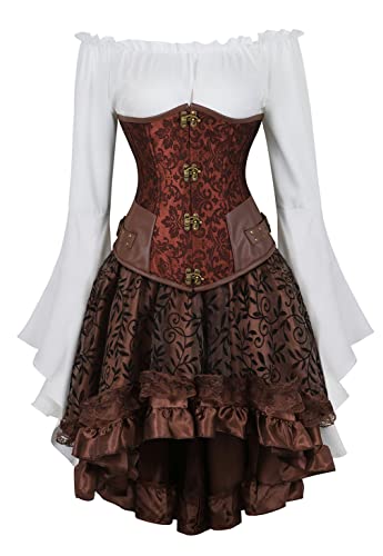 Grebrafan Steampunk Corsage Unterbrust mit Tüll Rock und Piraten Bluse Rockabilly Korsett Kostüm (EUR(34-36) M, Braun) von Grebrafan