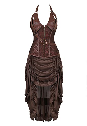 Grebrafan Steampunk Corsage mit Pirat Rock Damen Leder Korsett Halloween Kostüm (EUR(44-46) 4XL, Braun) von Grebrafan