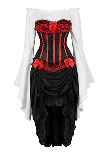 Grebrafan Steampunk Corsage mit Pirat Rock und Bluse Gestreift Korsett Kostüm (EUR(50-52) 7XL, Rot) von Grebrafan