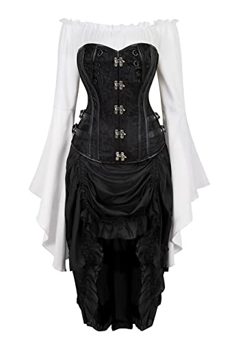 Grebrafan Steampunk Corsage mit Pirat Rock und Bluse Jacquard Korsett Kostüm (EUR(38-40) XL, Schwarz) von Grebrafan